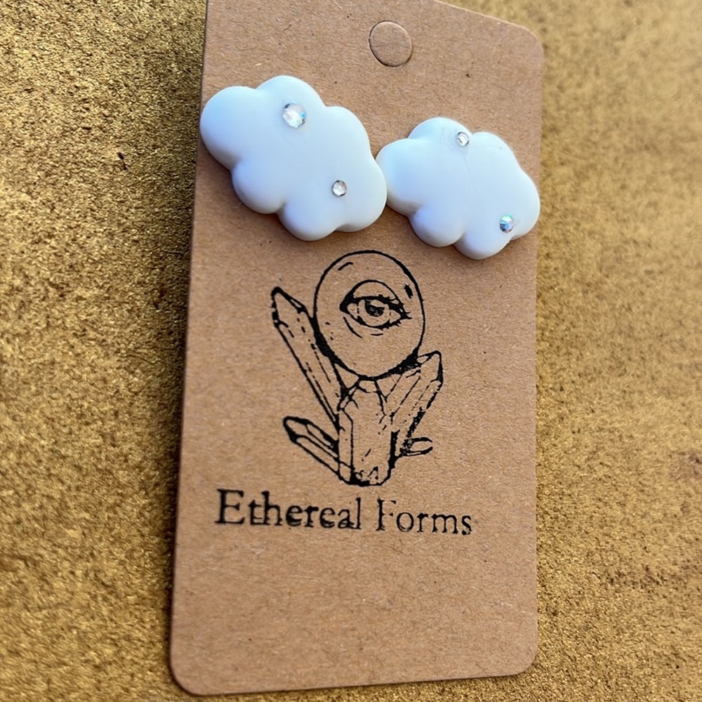 White cloud post earrings with rhinestones